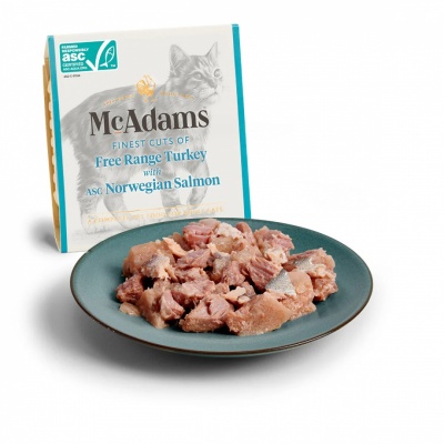 McAdams canned food for cats and kittens with turkey meat and Norwegian salmon